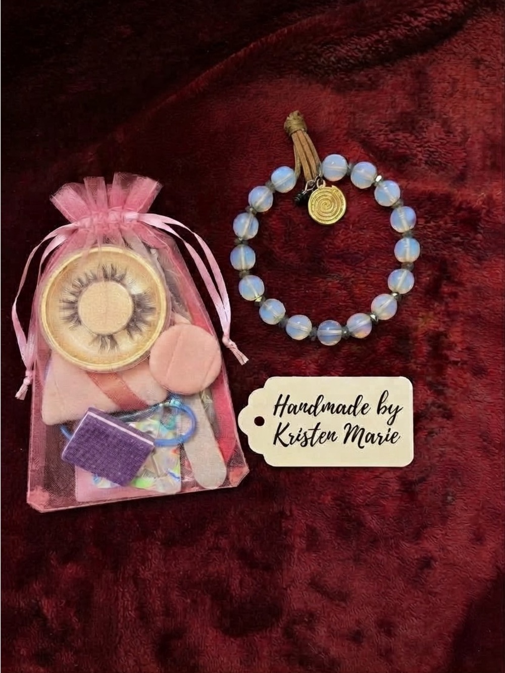 Handmade Opalescent Blue Beaded Bracelet with Gold Spiral Charm